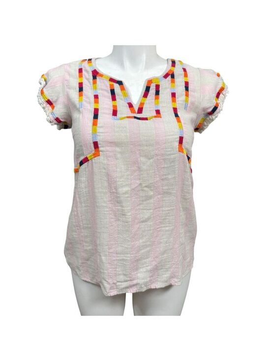 THML Tops - THML White Pink Stripe Multicolor Embroidered Short Sleeve Top L